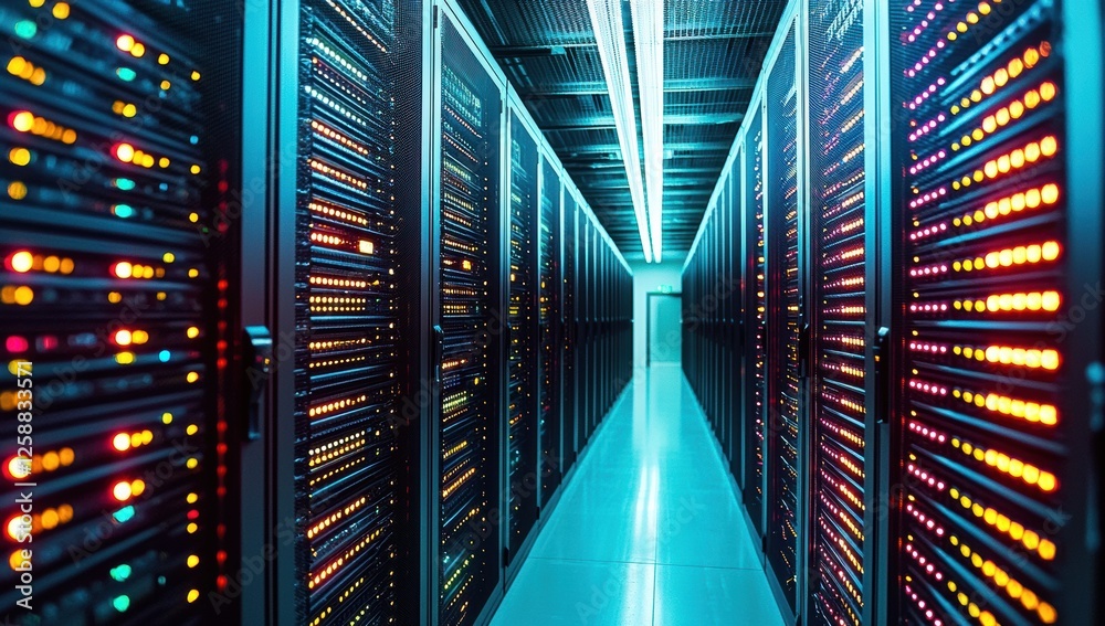 Aufkleber Rows of large, illuminated server cabinets in a data center, showcasing advanced technology and efficient organization for data storage