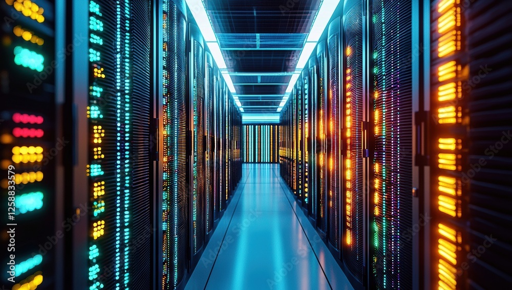 Poster rows of large computer racks in a high tech data center, illuminated by bright, swirling lights, sho