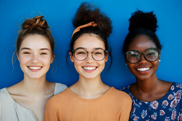 Vibrant portrait of three diverse young women smiling against a bright blue background