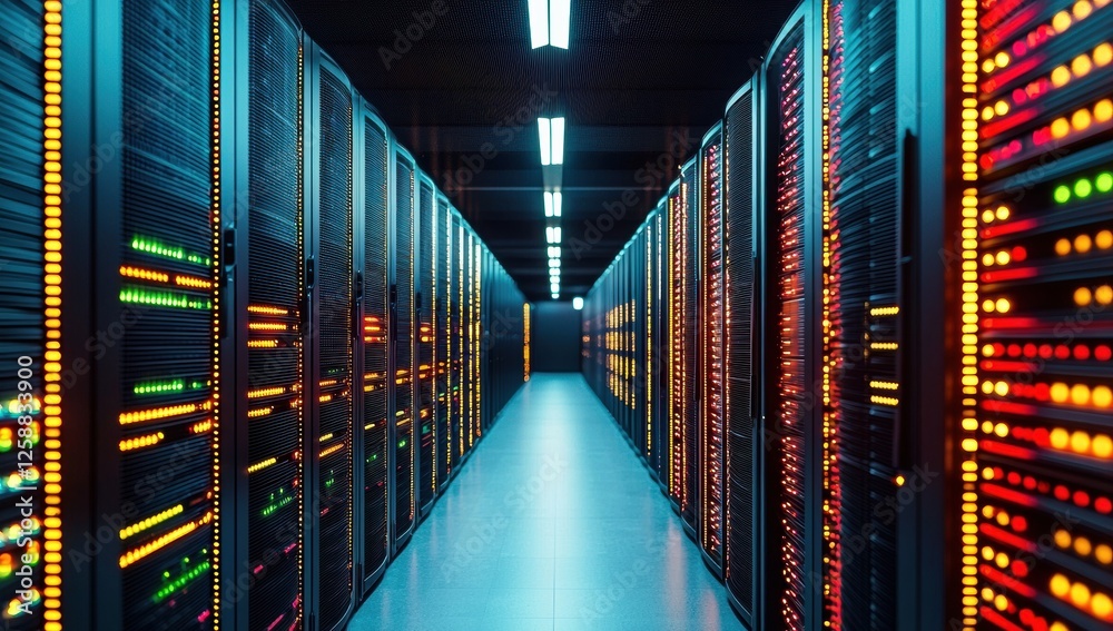Aufkleber Brightly lit data center featuring rows of large computer racks with colorful LED lights, showcasing advanced technology and infrastructure