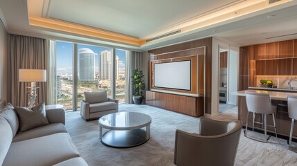 Modern luxury hotel suite with city view and elegant furnishings during daylight