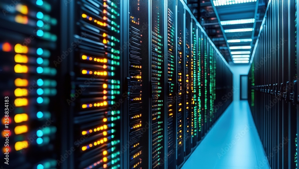 Poster Brightly lit data center featuring rows of computer racks with swirling LED lights, emphasizing modern technology and digital infrastructure