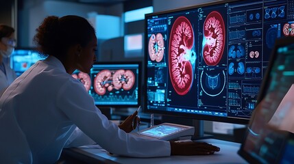 A High-Tech Holographic Kidney Model Glows in a Medical Lab, Helping Doctors Understand and Diagnose Kidney Diseases