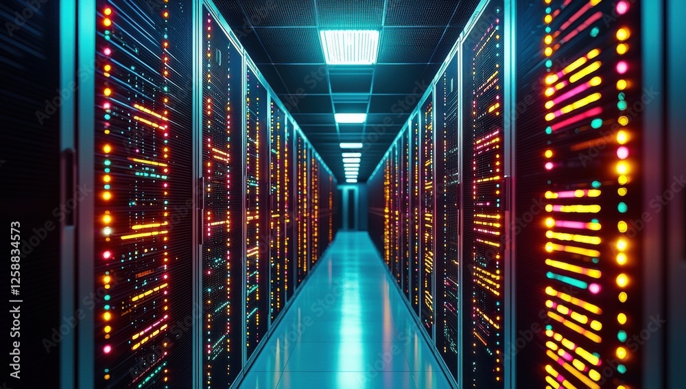 Poster Rows of high-tech server cabinets in a data center, illuminated by bright lights and glowing symbols, representing digital information flow