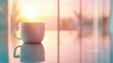 A highly detailed mockup of a white coffee cup on a bright, colorful background with leaves shadows