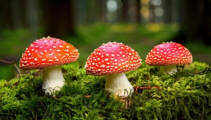 Obraz premium Vibrant red fly agaric mushrooms with white spots in a lush forest setting during daylight