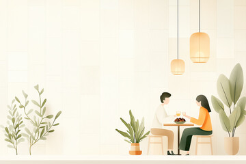 Fototapeta premium Cozy cafe scene with couple dining in minimalist interior design setting.
