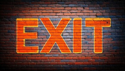 Bright exit sign painted on a brick wall in urban environment at night