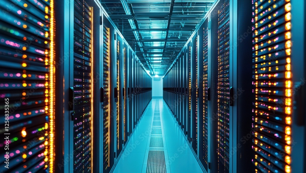 Aufkleber Rows of server cabinets in a high tech data center, illuminated by bright lights, showcasing advanced technology for cloud computing and virtual networks