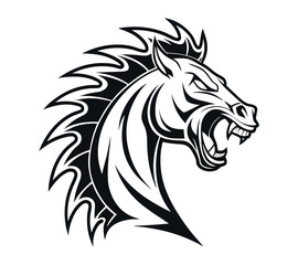 A high-contrast black and white vector illustration of a roaring horse's head,