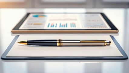 Fototapeta premium a black and gold pen on a white clipboard with a tablet displaying financial charts in the background. The image suggests professionalism and meticulousness.