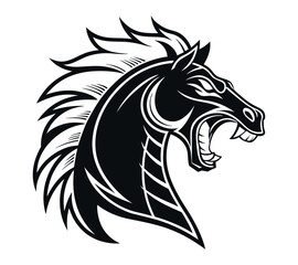 A high-contrast black and white vector illustration of a roaring horse's head,