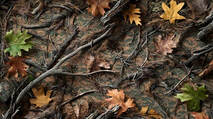 Autumn Woodland Camouflage Pattern with Brown and Orange Leaves