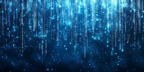 Blue digital rain falling, dark background, tech backdrop