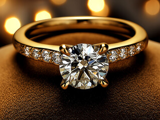 Closeup of a sparkling solitaire diamond ring set in yellow gold, accented with smaller diamonds along the band.  Luxurious and elegant, perfect for engagement, anniversary, or jewelry advertising.