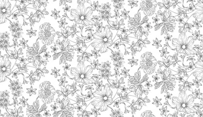 Seamless floral pattern, black on a transparent background, a floral pattern with an intricate design reminiscent of prints on porcelain or fabric.