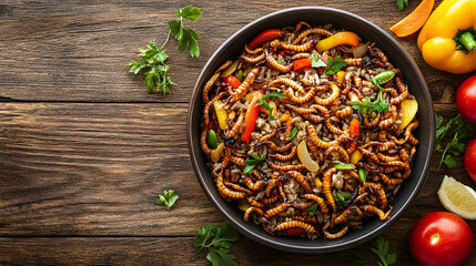 Mealworm Rice Dish: A bowl of rice mixed with sauteed veggies and mealworms on a wooden table, garnished with fresh herbs, tomatoes and lemon slices.