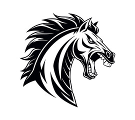 A high-contrast black and white vector illustration of a roaring horse's head,