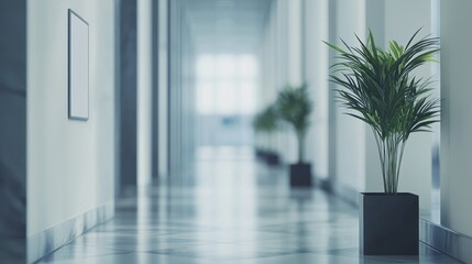 Fototapeta premium Modern Office Corridor with Plants and Minimalist Decor