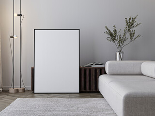 Frame mockup, ISO A paper size. Living room wall poster mockup. Interior mockup with house background. Modern interior design. 3D render
