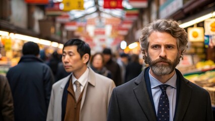 a man in a suit walks through a crowded market in asia. The man is looking intensely at the camera with a stern expression. He has a beard and grey hair.