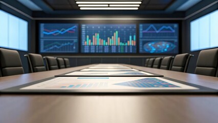 Modern boardroom with large screens displaying financial data and charts. The room is sleek and modern, suggesting a high-level business meeting.  