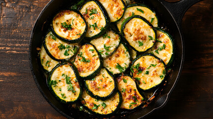 Golden zucchini slices cooked in a skillet, topped with herbs. Delicious and healthy dish, perfect as a side or vegetarian meal. Enjoy!