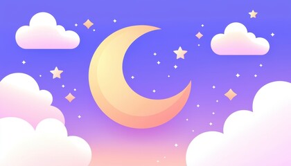 A whimsical moon and stars scene surrounded by soft clouds against a pastel purple backdrop.