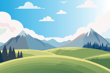 A vibrant and peaceful illustration of a mountain range under a clear blue sky