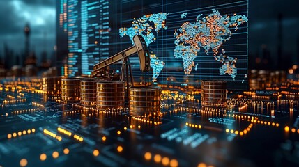 This image depicts a bustling digital landscape showcasing oil equipment, financial data, and a world map, representing the oil industry's modern financial trends.