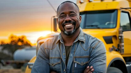 Confident African American truck driver smiling proudly in front of a yellow semi-truck at sunset, showcasing strength, determination, and professionalism