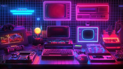 Retro 80s computer setup with neon lights.