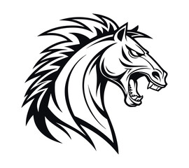 A high-contrast black and white vector illustration of a roaring horse's head,