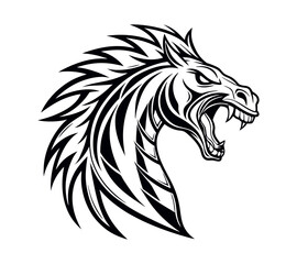 A high-contrast black and white vector illustration of a roaring horse's head,