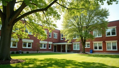 Schoolyard trees in bright sunlight, showcasing greenery and architecture