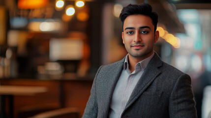 Fototapeta premium Portrait of a young Indian man with sharp features and well dressed. Indian man with short black hair and a confident appearance.