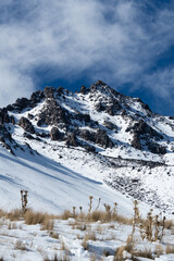 beautiful snowy landscape of Snow-Capped Volcano Nevado de Toluca ( Xinantecatl ) at Sunrise in Toluca state in Mexico. 
