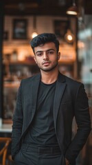 Fototapeta premium Portrait of a young Indian man with sharp features and well dressed. Indian man with short black hair and a confident appearance.