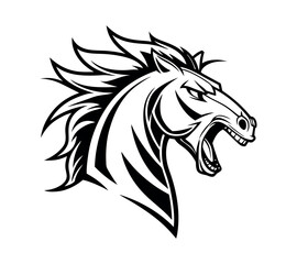 A high-contrast black and white vector illustration of a roaring horse's head,