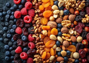 Various dried fruits, nuts and berries, colorful banner. Tu Bishvat holiday concept