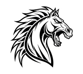 A high-contrast black and white vector illustration of a roaring horse's head,