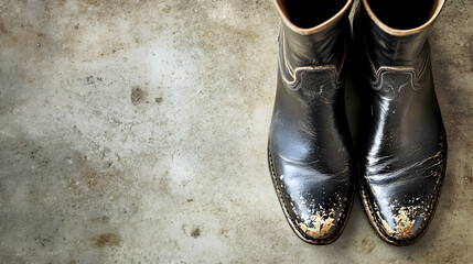 A stylish, close-up of black leather boots on a neutral background with ample negative space to the right for copy