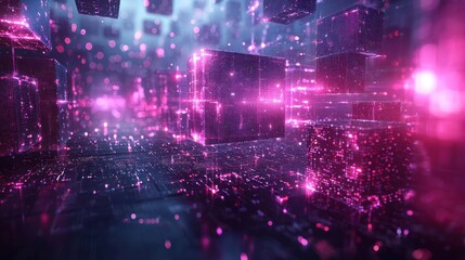 Obraz premium Neon Cubes Digital Abstract Cityscape