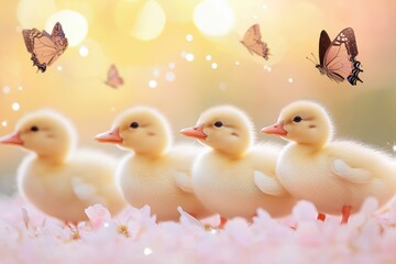 Four fluffy ducklings stand in a row amidst pink flowers, with butterflies fluttering around them under a soft, dreamy background.