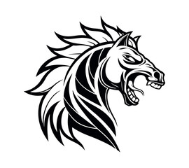 A high-contrast black and white vector illustration of a roaring horse's head,