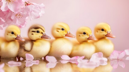 Five adorable ducklings lined up beside pink blossoms, reflecting a serene spring atmosphere.