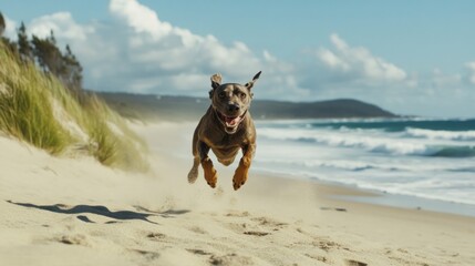 Happy Dog Running on Sandy Beach Toward Ocean