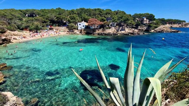 Cala Gat Small Cozy Beach Crystal Clear Turquoise Water Cala Ratjada Mallorca Spain Rocky Coastline Mediterranean Sea, Panoramic 4K Video Footage Balearic Islands Summer Vacation Travel Destination