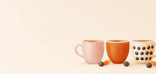 Three stylish coffee cups in soft pastel colors sit against a neutral background, accompanied by decorative berries and a warm, inviting ambiance.