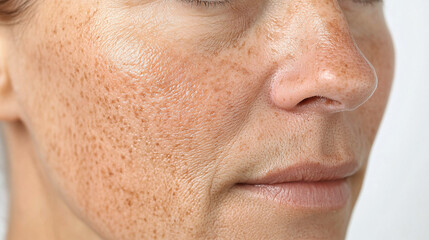 Obraz premium Close-up of mature skin displaying freckles and age spots, highlighting skin texture and facial features. Demonstrating natural signs of aging.